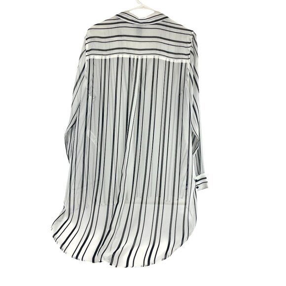 WHBM Women's Black with White Stripe Hi-Low Chiffon Button Front Shirt Sz 14 - Picture 2 of 10